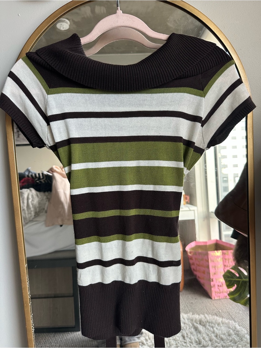 Striped Short-Sleeve Knit Sweater in Olive, Brown & White